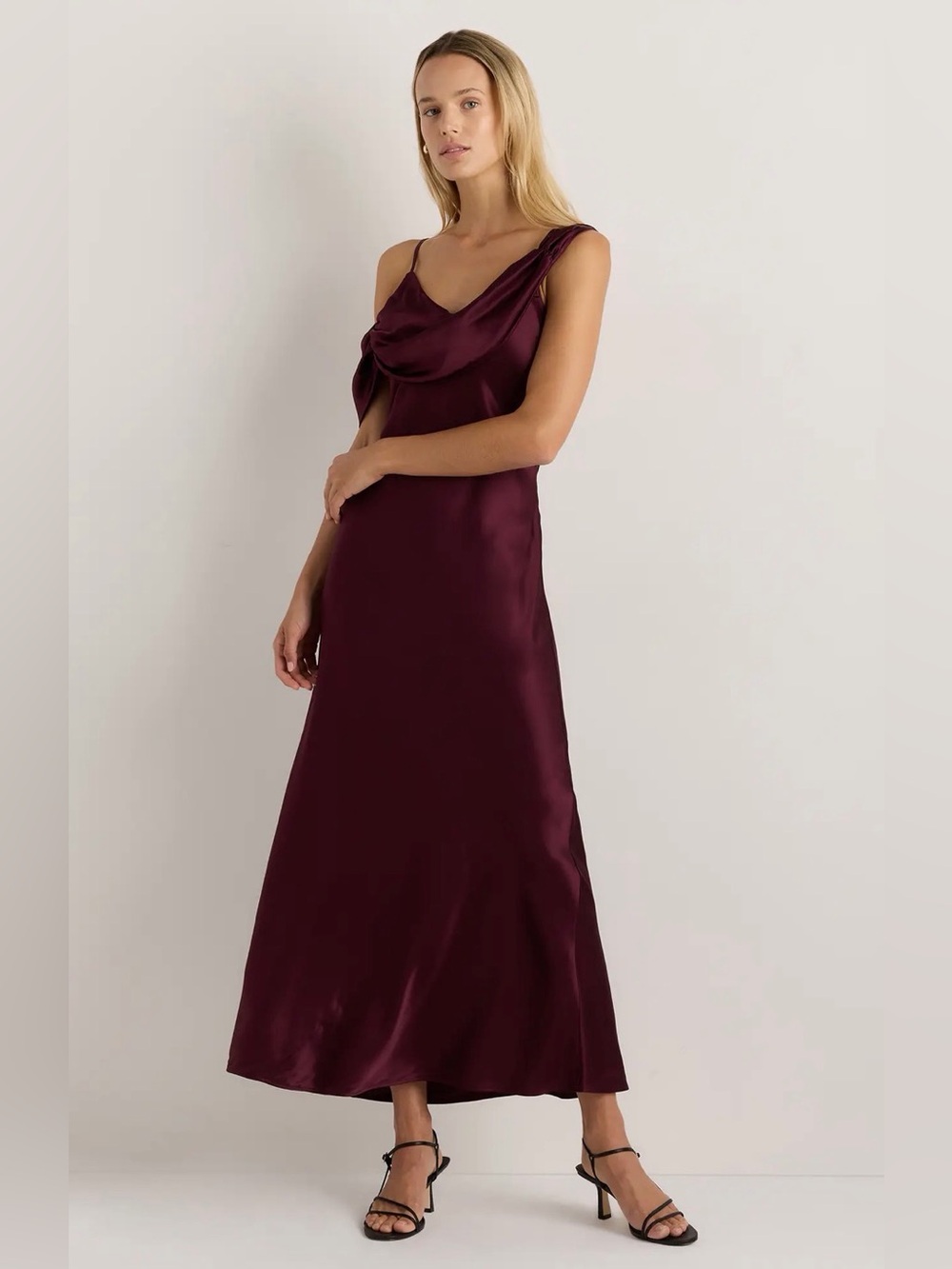 Quince 100% Washable Silk Draped Shoulder Maxi Dress Size M Wine Burgundy